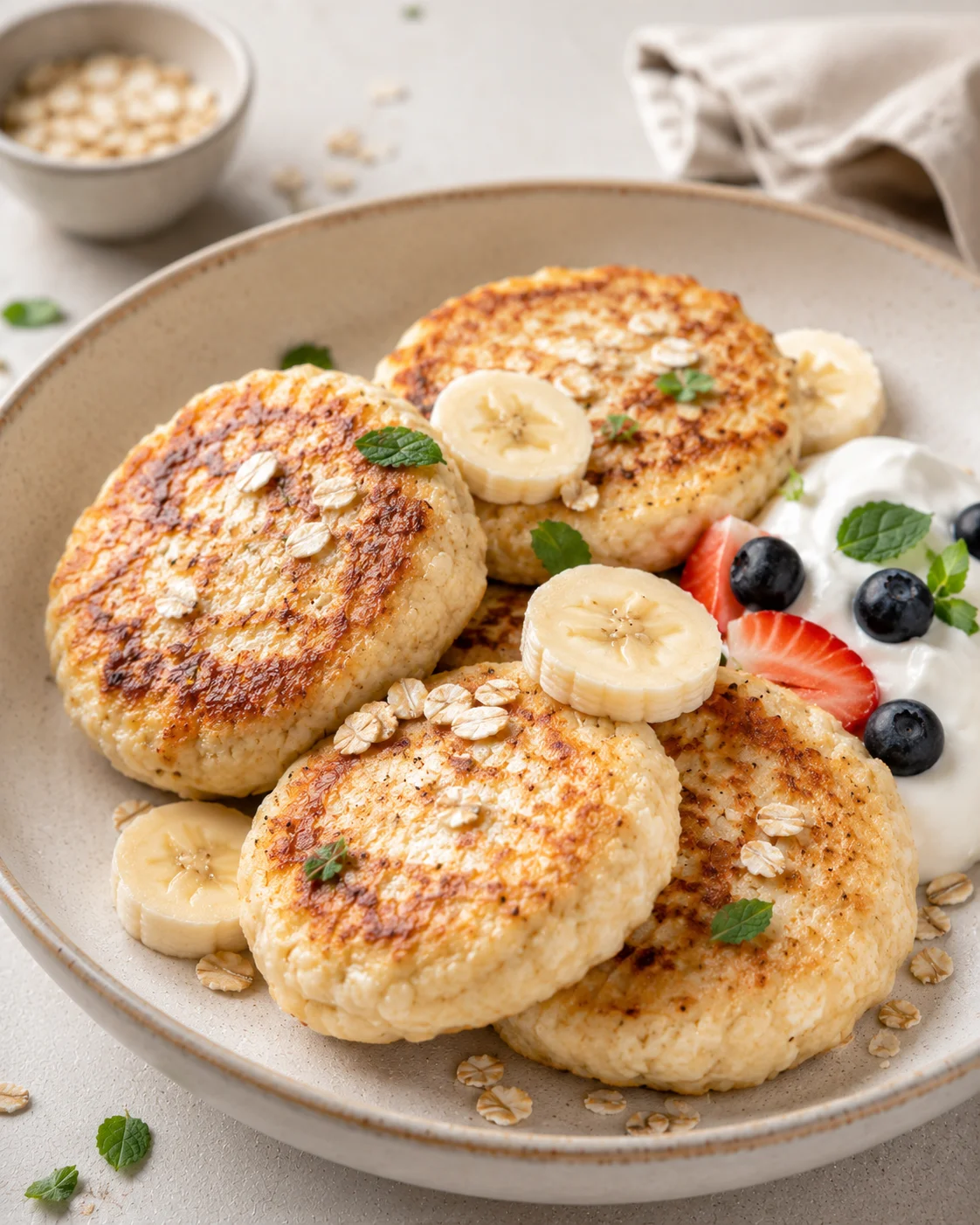 Curd cheese pancakes with oats and banana