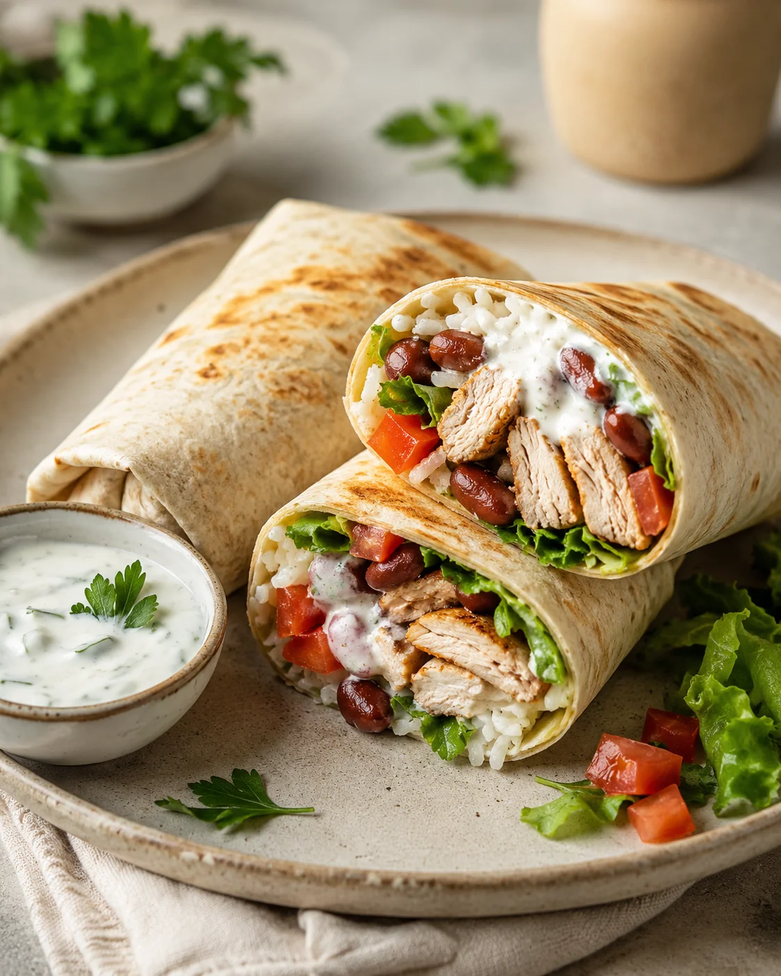 Tortilla with turkey, rice and beans