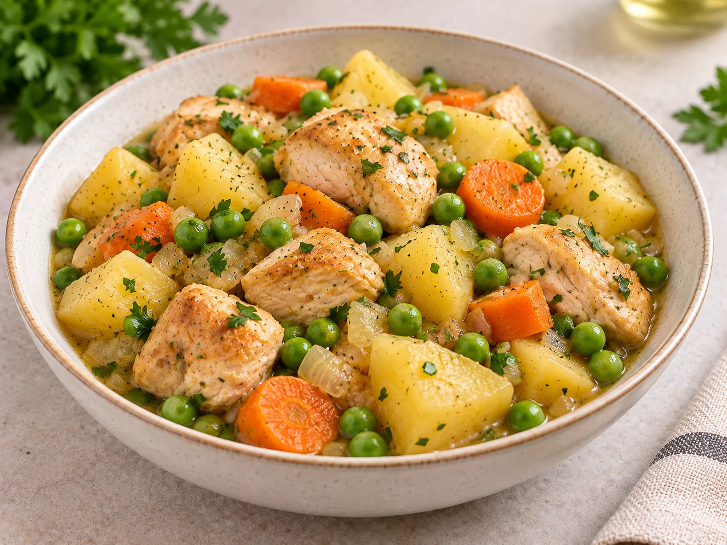 Chicken with potatoes and green peas
