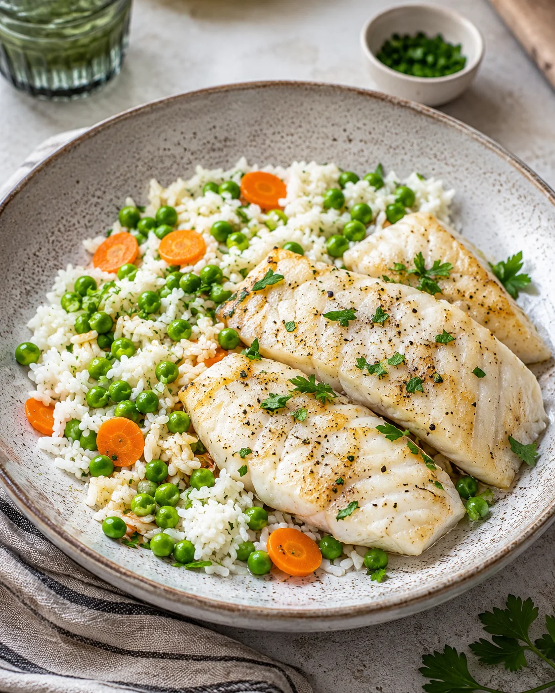 White fish with rice and green peas