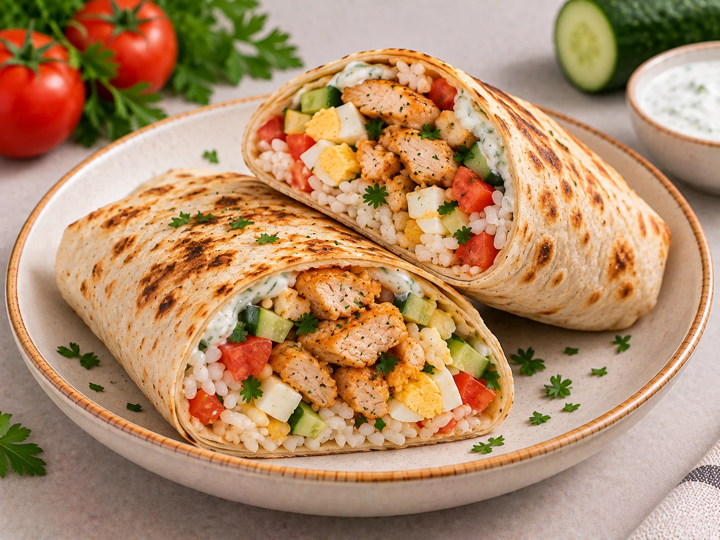 Лаваш с курицей, яйцом и рисом