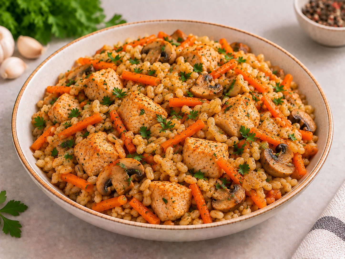 Pearl barley with turkey and vegetables