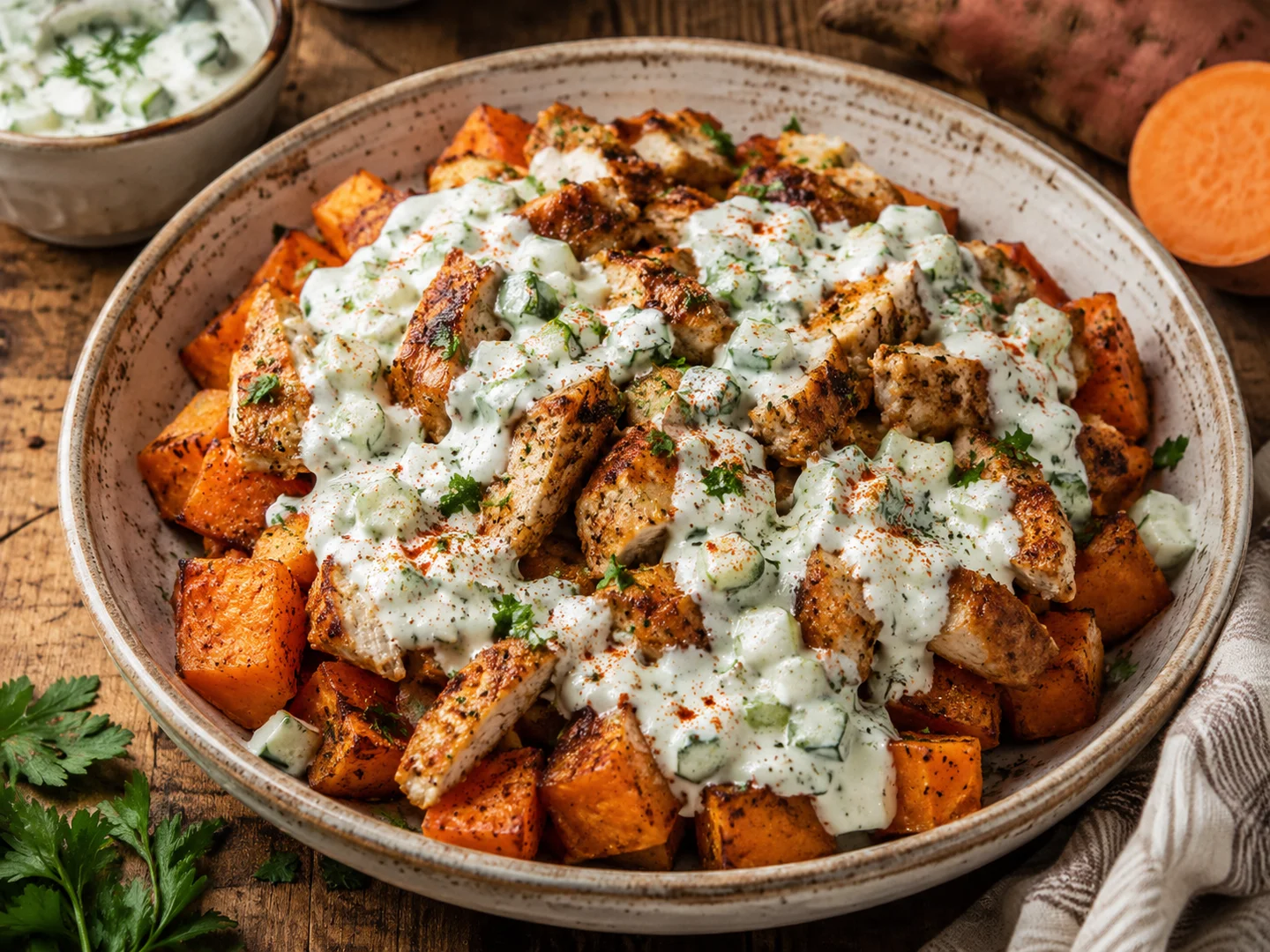 Sweet potatoes with chicken and yogurt sauce