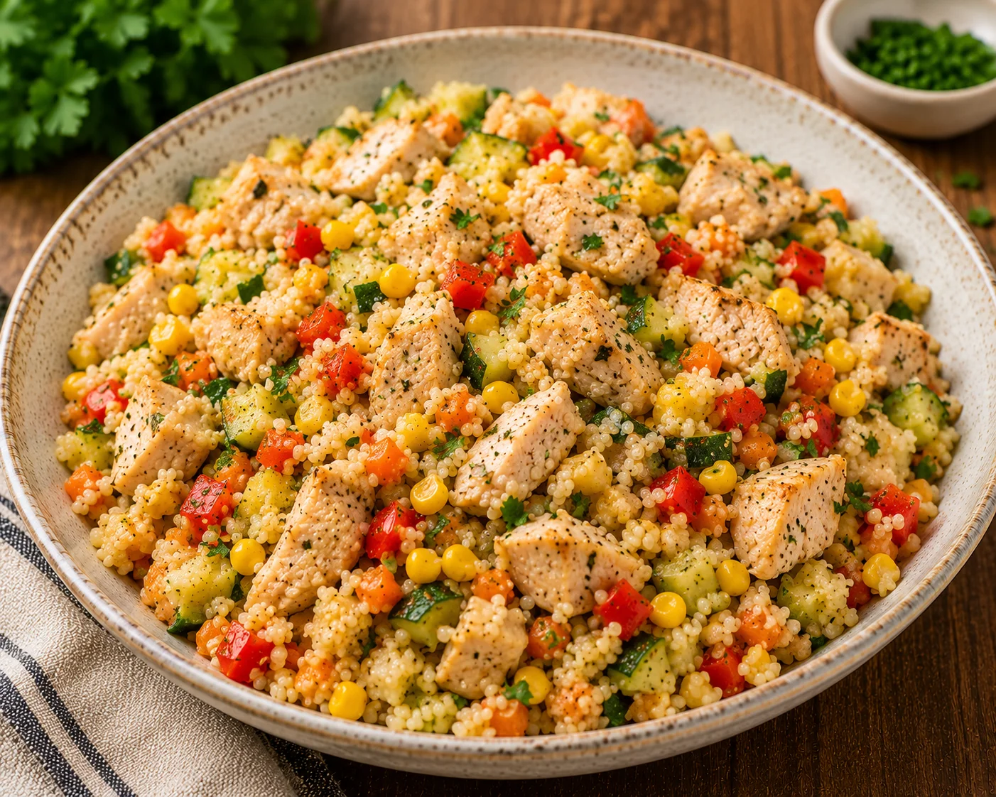 Кускус з куркою, кукурудзою та овочами