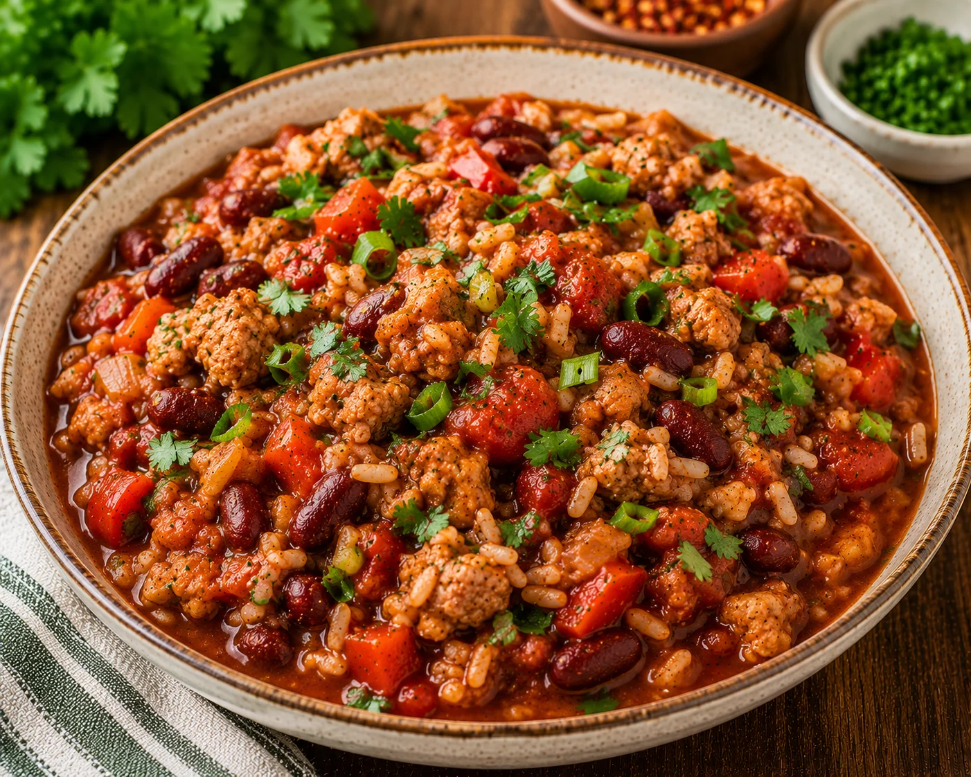 Chili with turkey, beans and rice