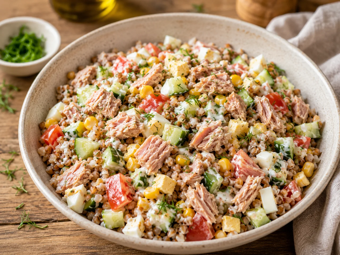 Buckwheat with tuna, egg and vegetables