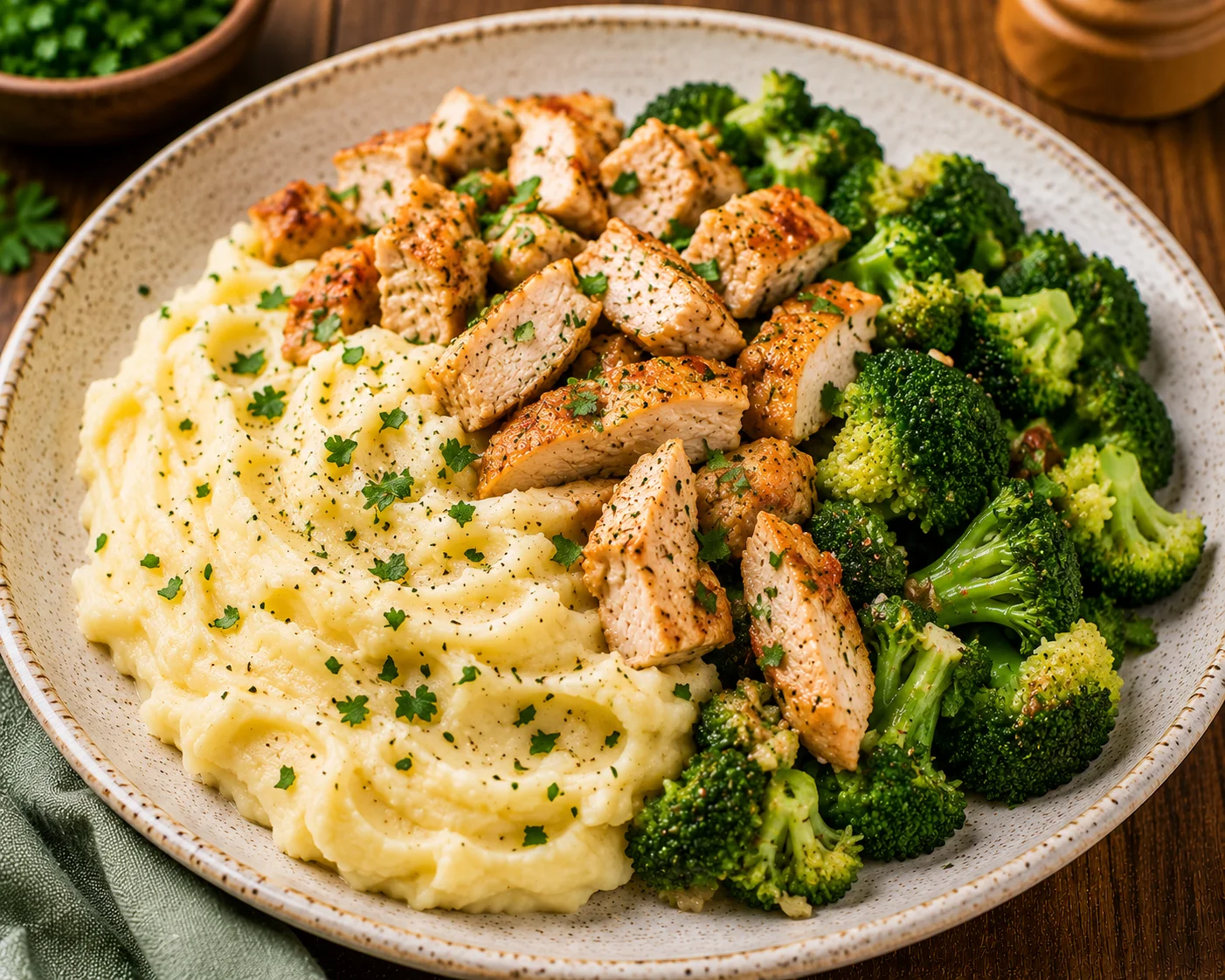 Mashed potatoes with chicken and broccoli