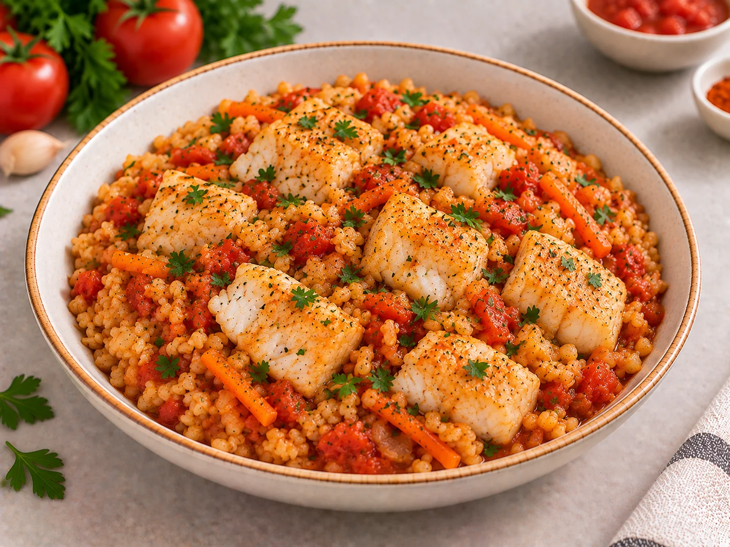 Bulgur with white fish and tomatoes