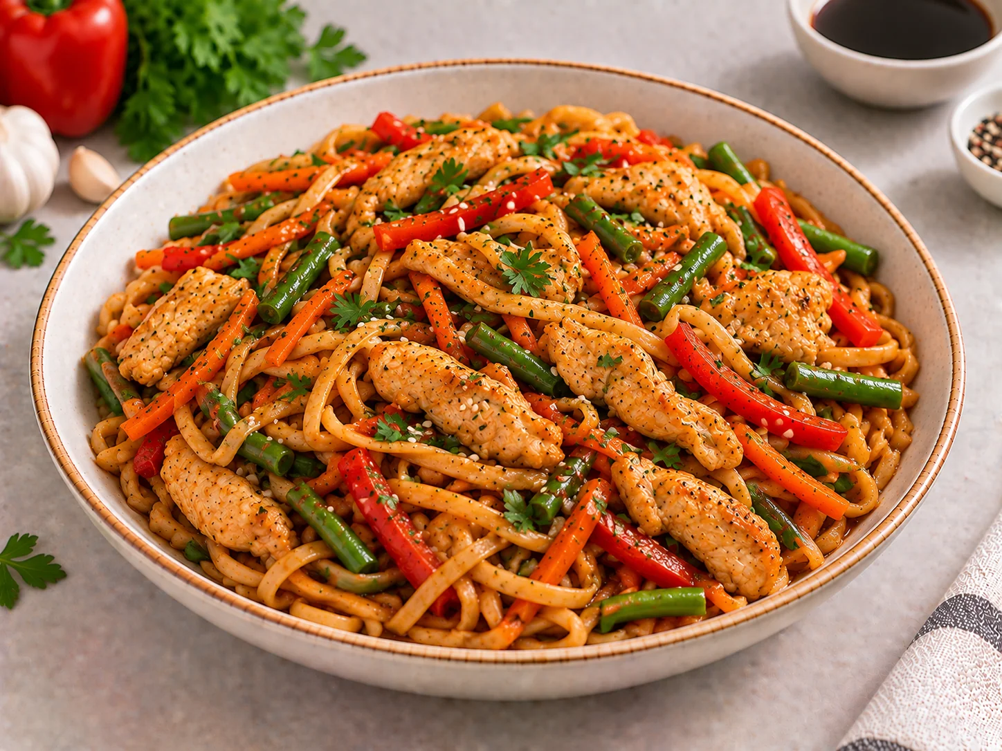 Noodles with chicken and vegetables