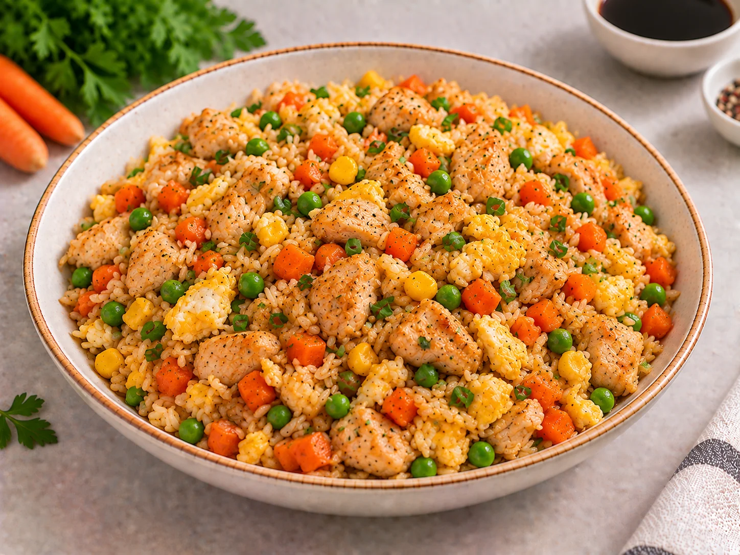Rice with eggs, chicken and vegetables
