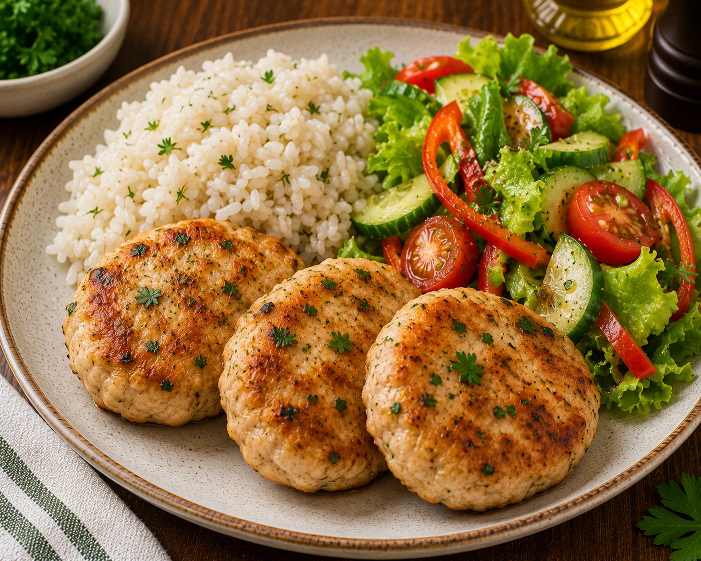 Chicken patties with rice and salad