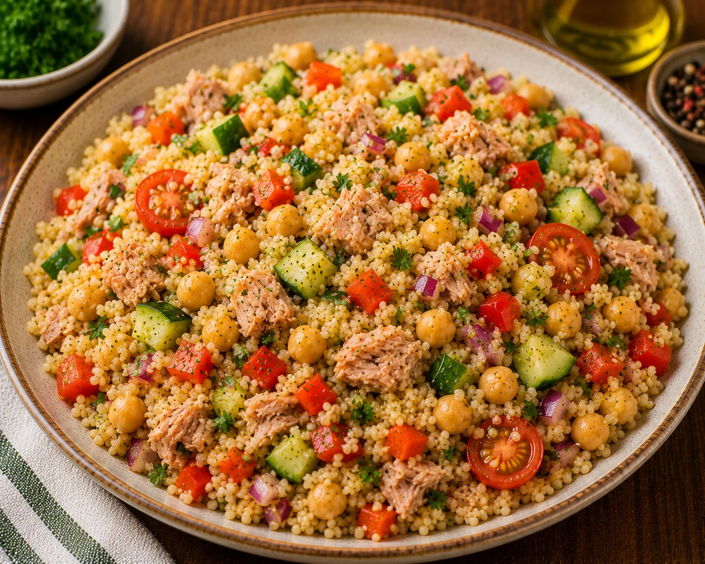 Кускус с тунцом, нутом и овощами