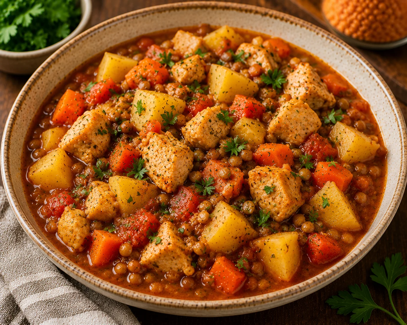 Рагу з куркою, сочевицею та картоплею