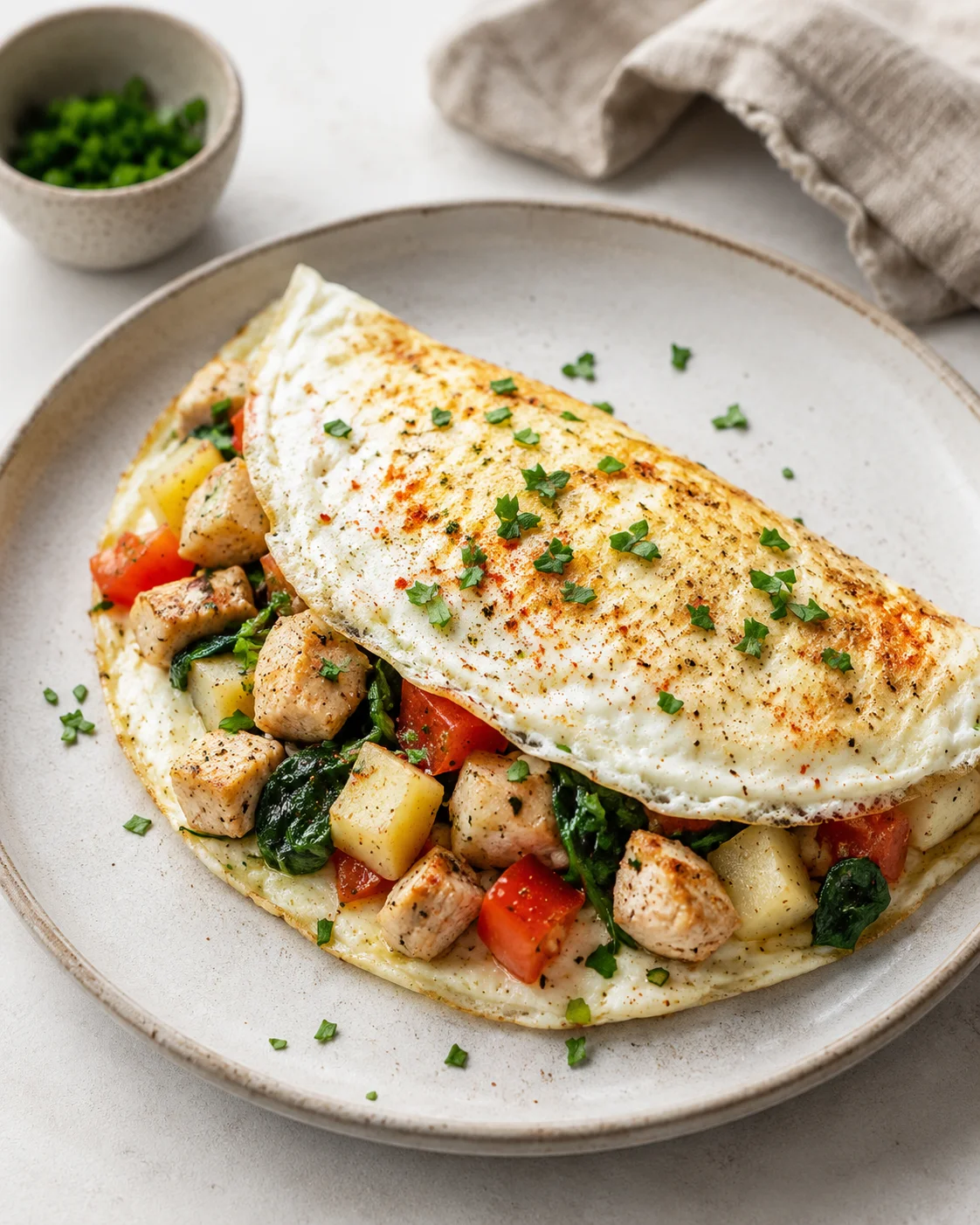 Omlet z białek jaj z ziemniakami i kurczakiem