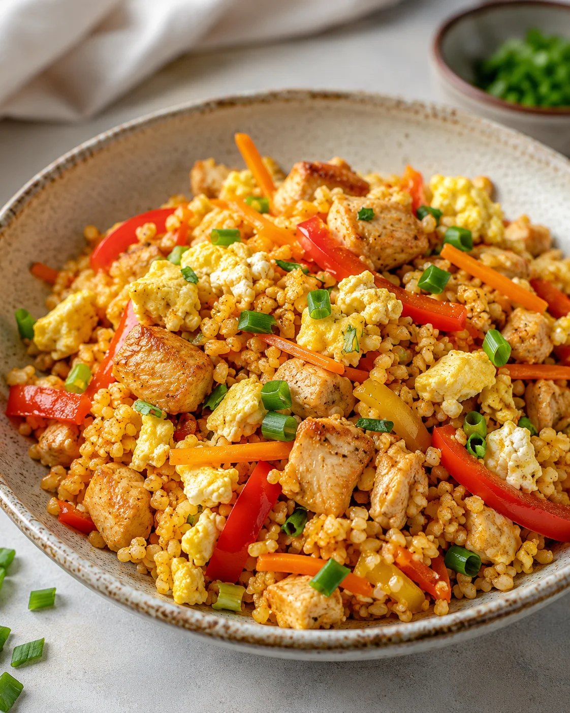 Bulgur with egg, chicken and vegetables