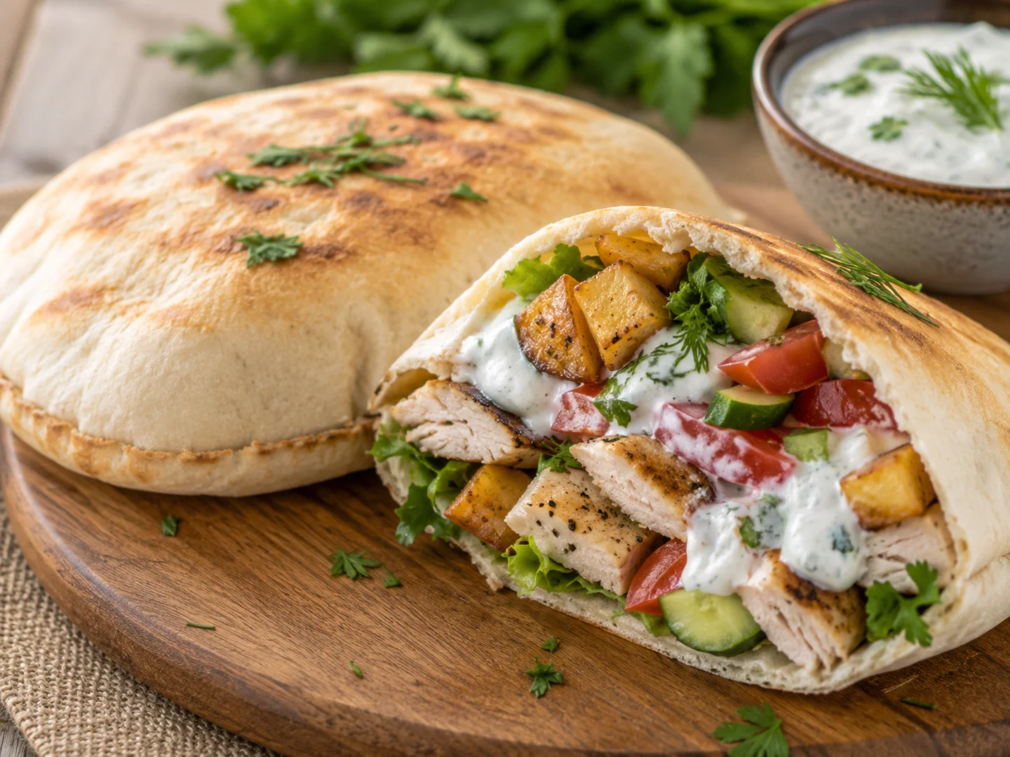 Pita with chicken, potatoes and yogurt sauce