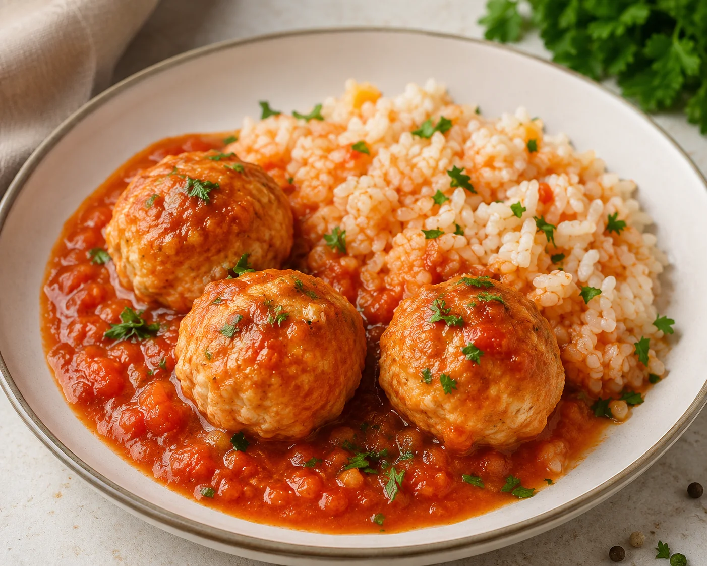 Chicken and rice meatballs in tomato sauce