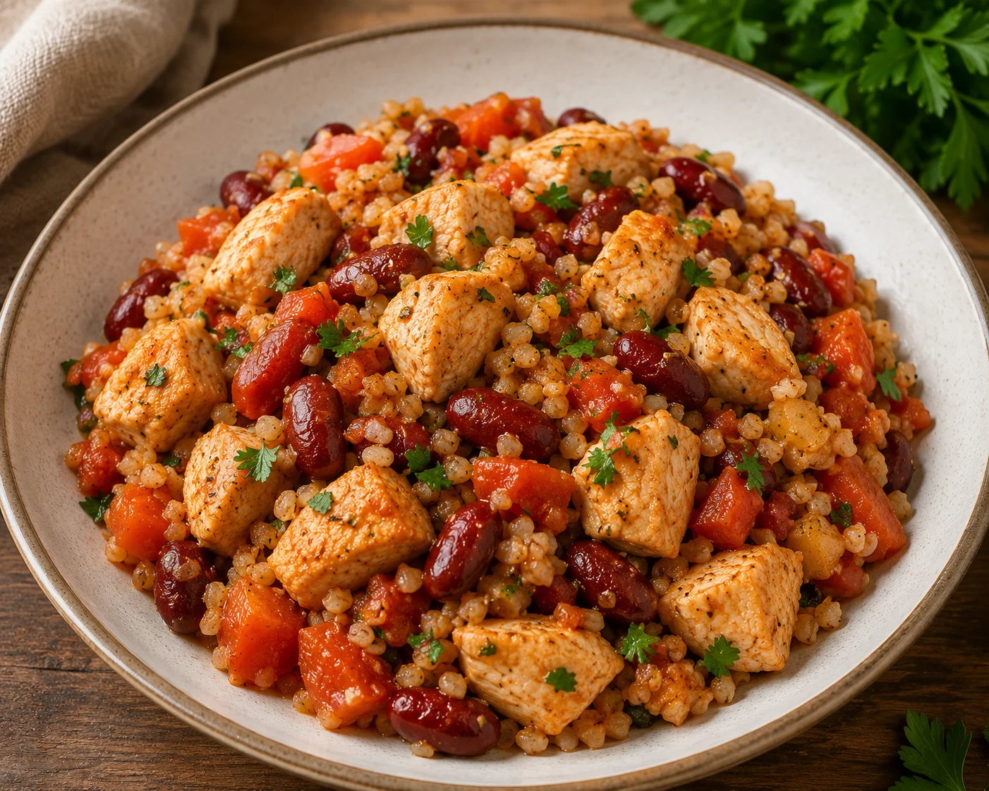Chicken with bulgur, beans and tomatoes