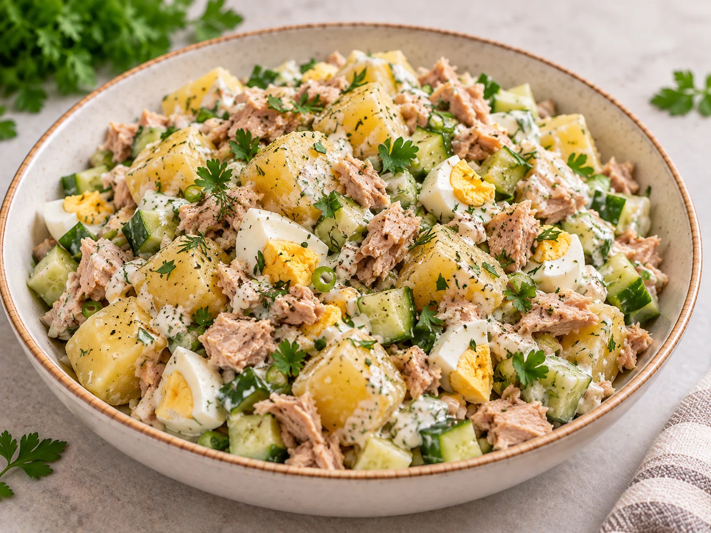 Картофель с тунцом, яйцом и зеленью