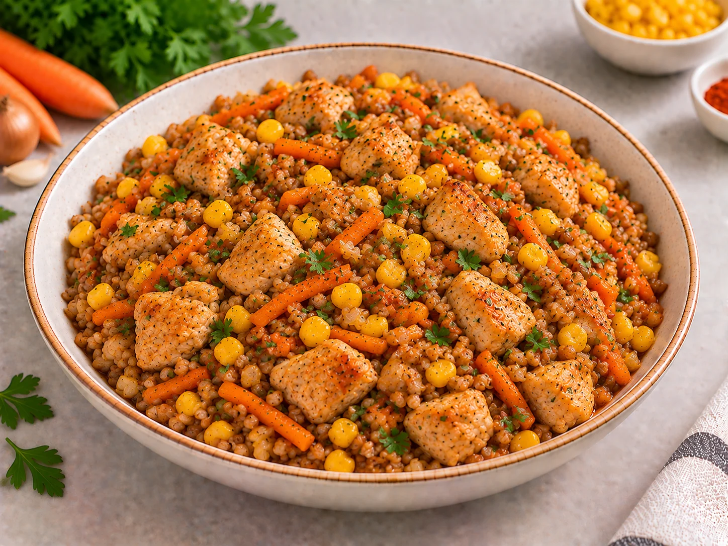 Гречка з куркою та кукурудзою