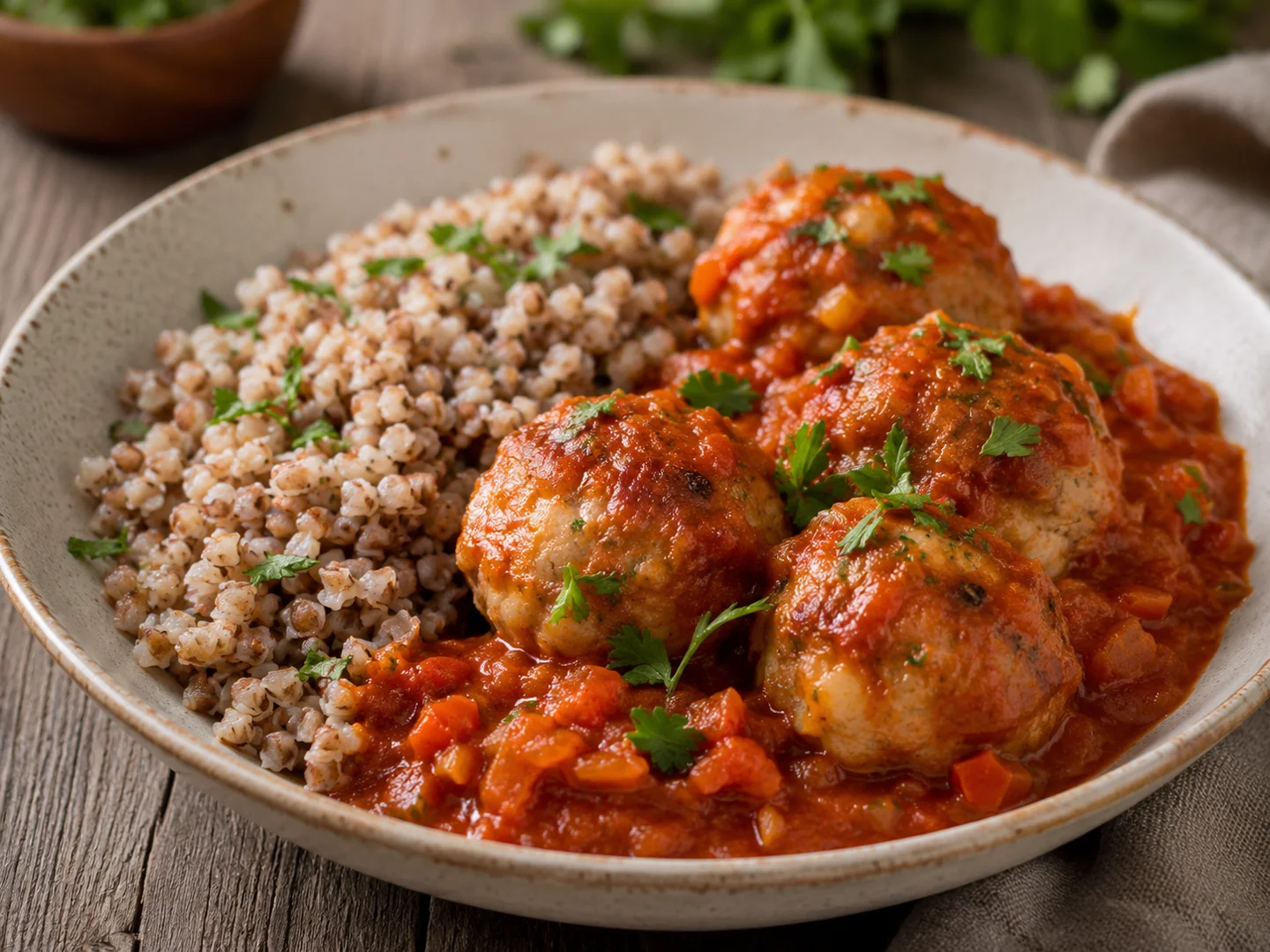 Chicken meatballs with buckwheat in tomato sauce
