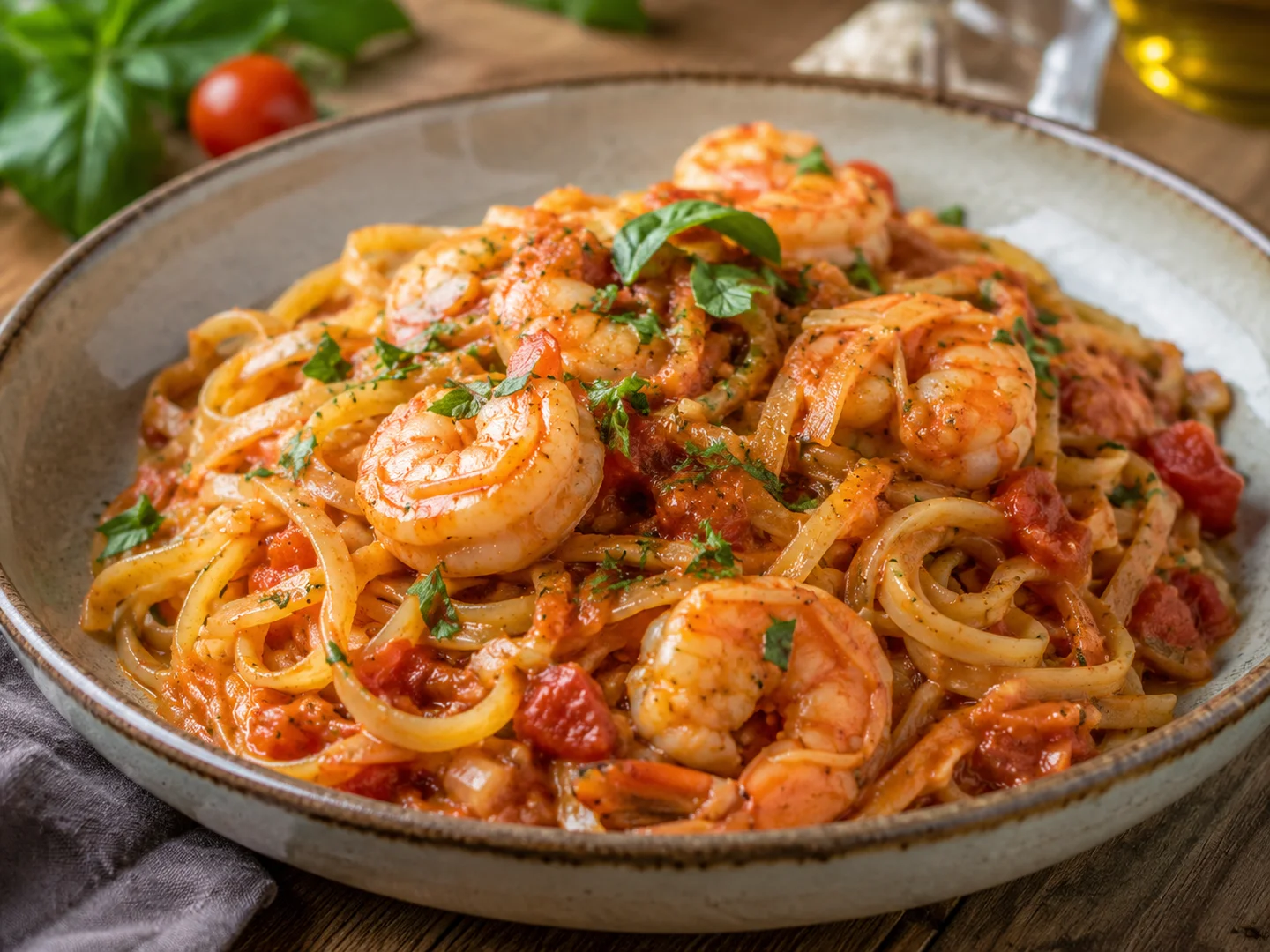 Pasta with shrimp and tomato sauce