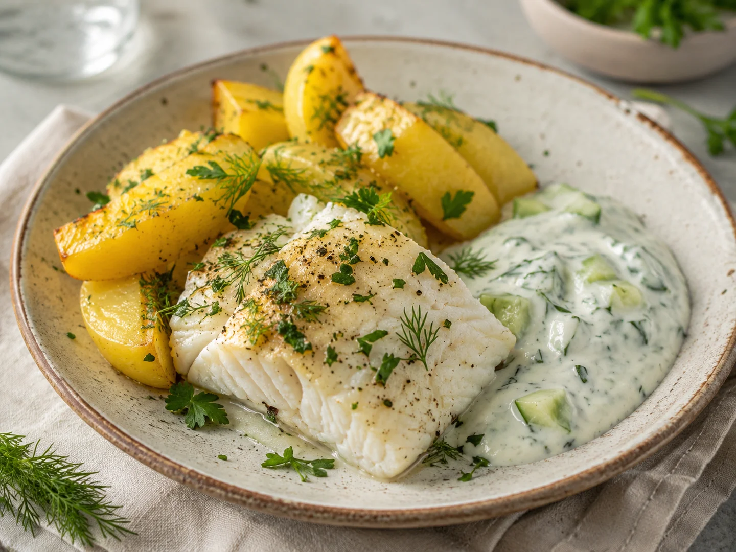 Fish with potatoes and yogurt sauce