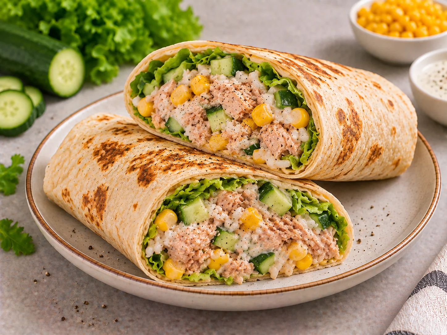 Tortilla z tuńczykiem, ryżem i kukurydzą