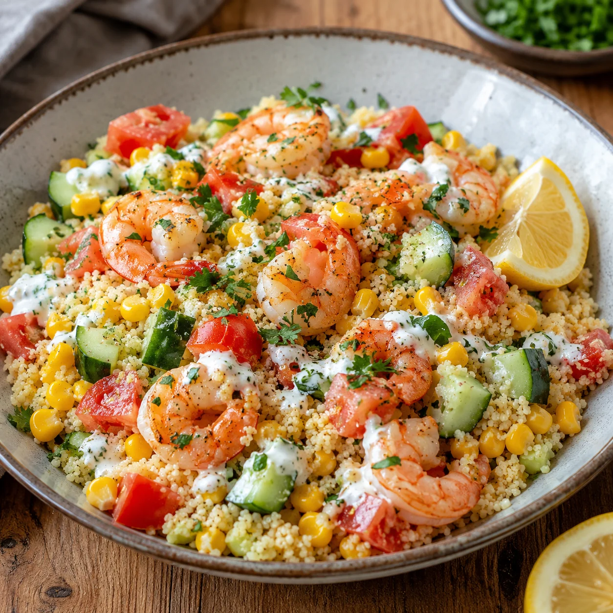 Кускус з креветками, кукурудзою та овочами