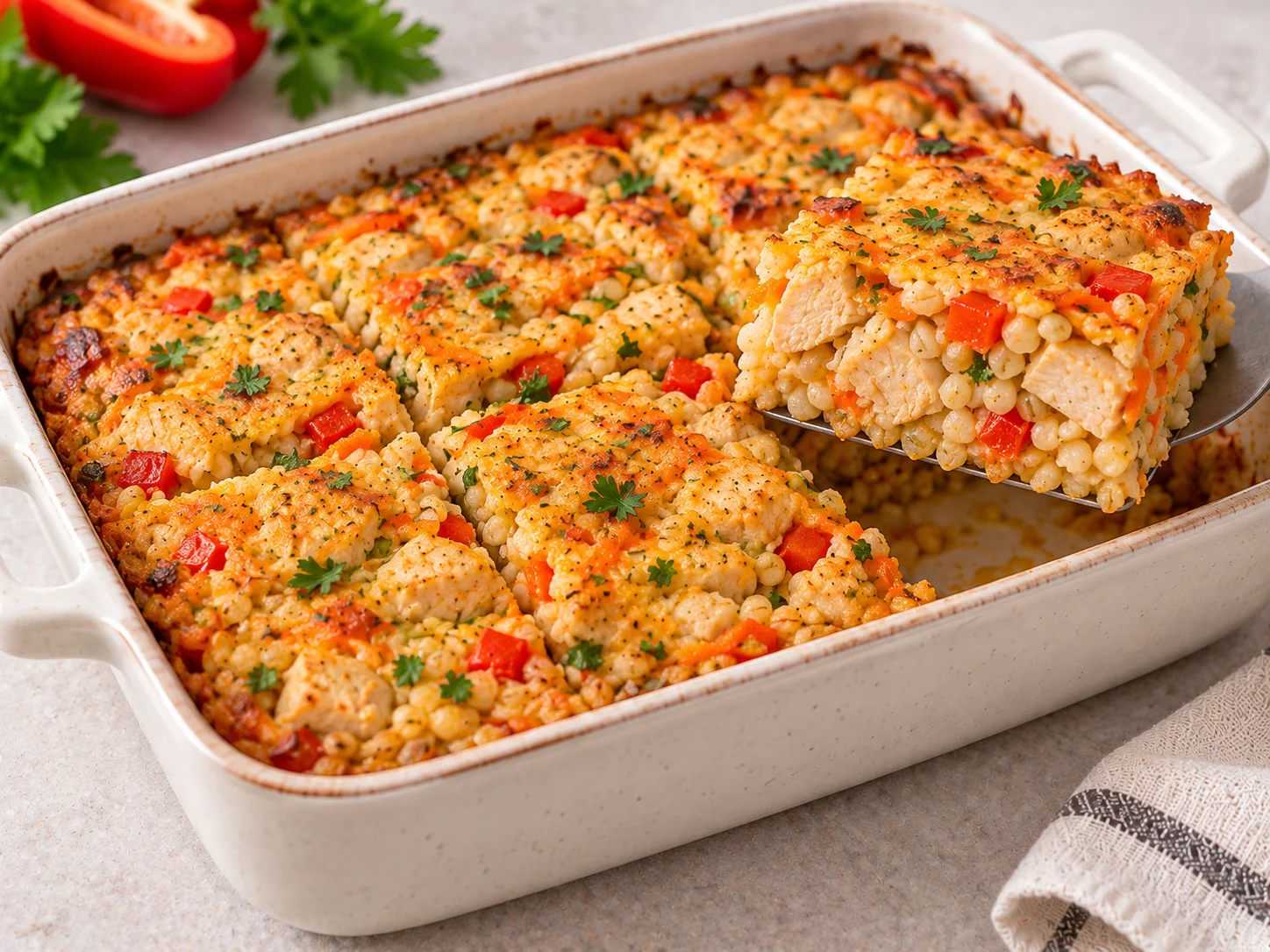 Перловая запеканка с курицей и овощами