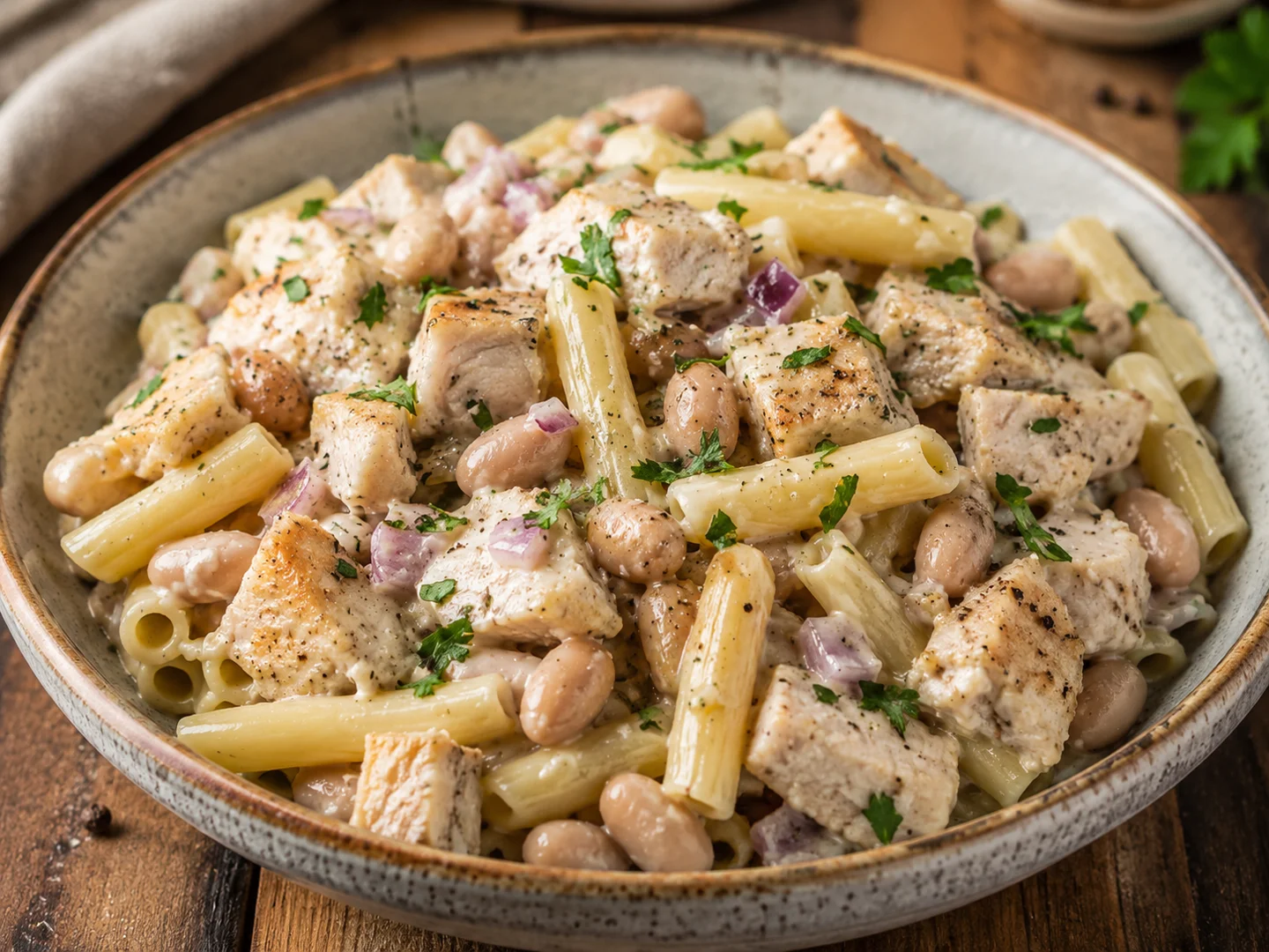 Макароны с курицей, фасолью и йогуртом