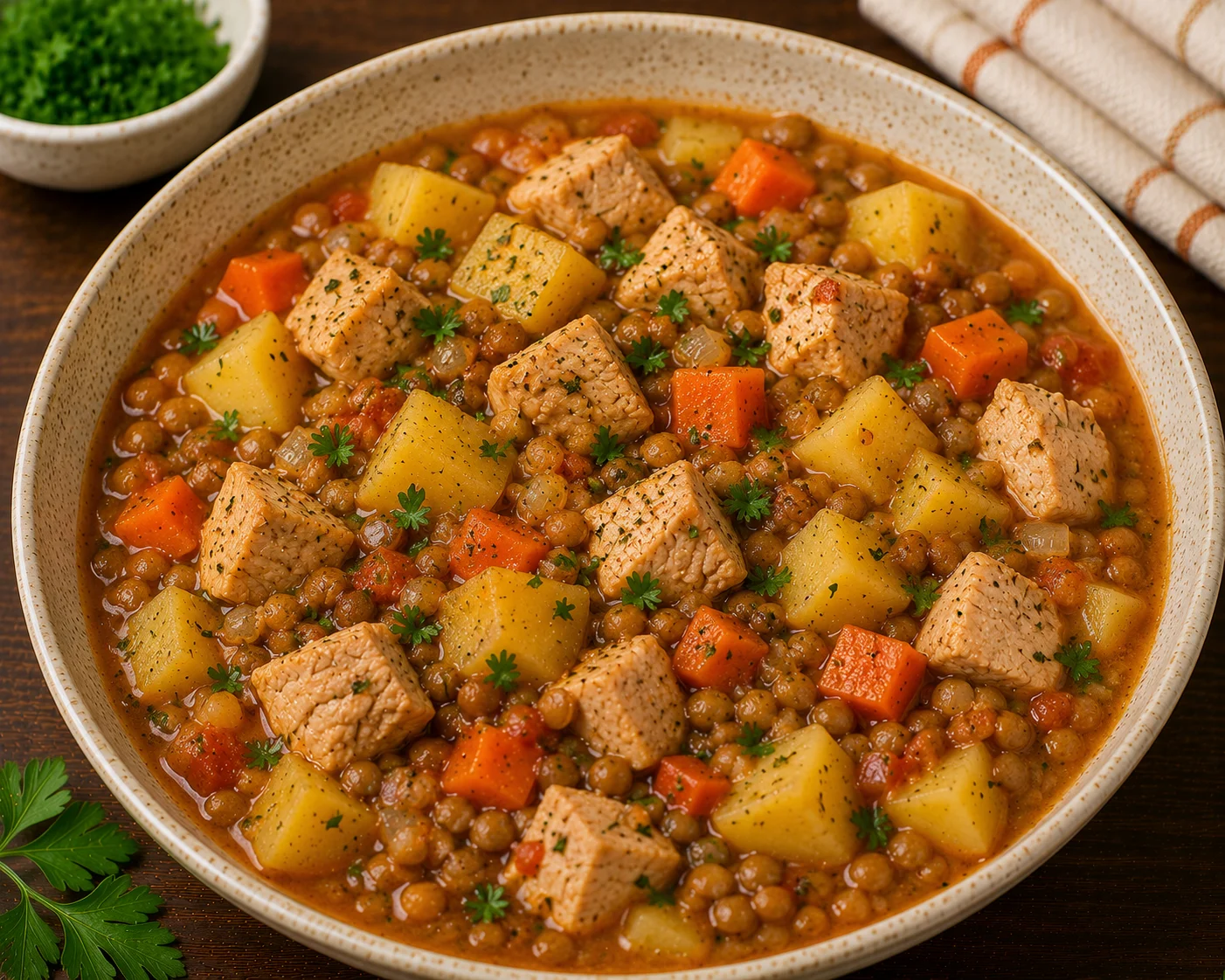 Potato stew with turkey and lentils