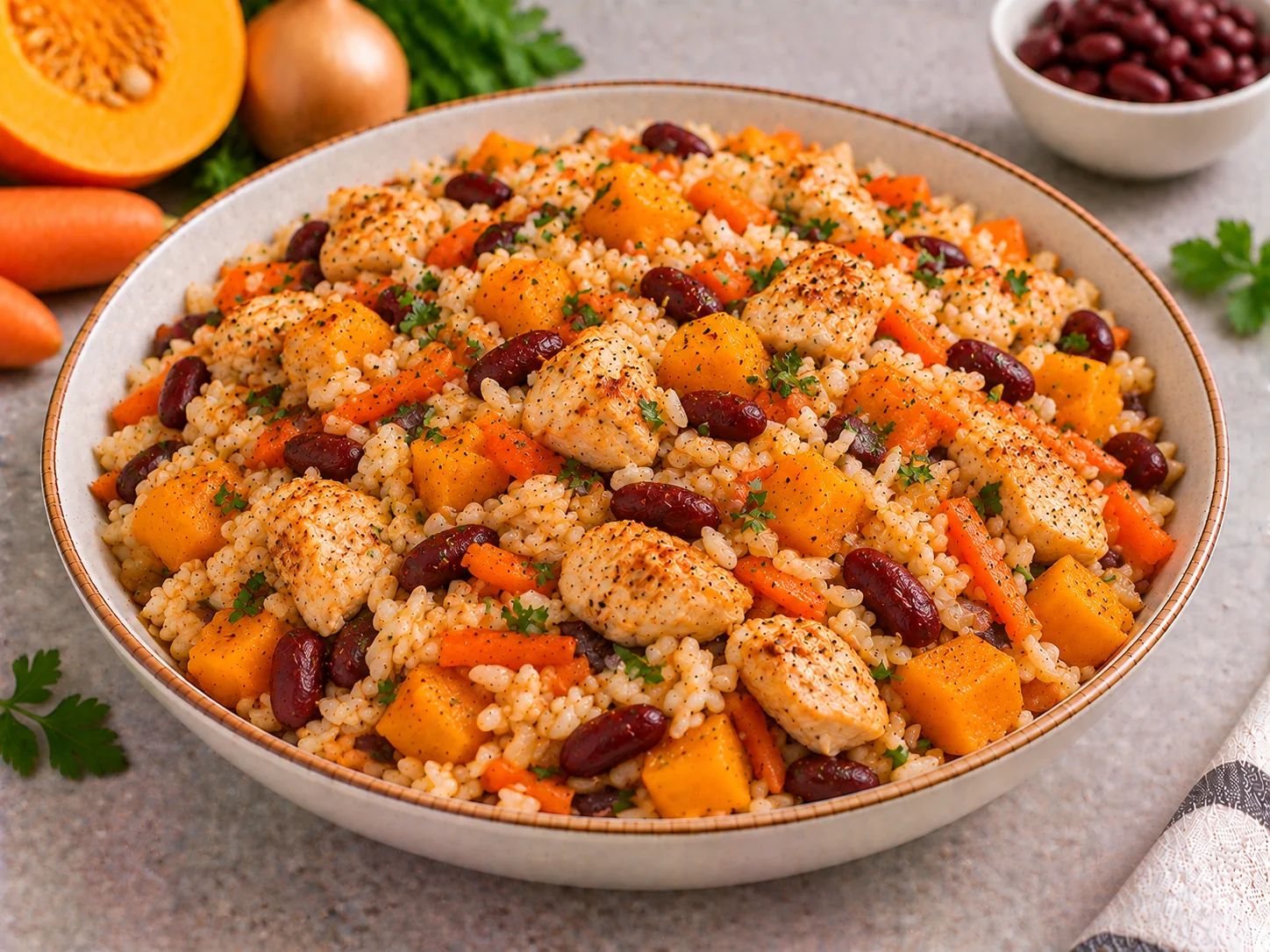 Rice with chicken, pumpkin and beans