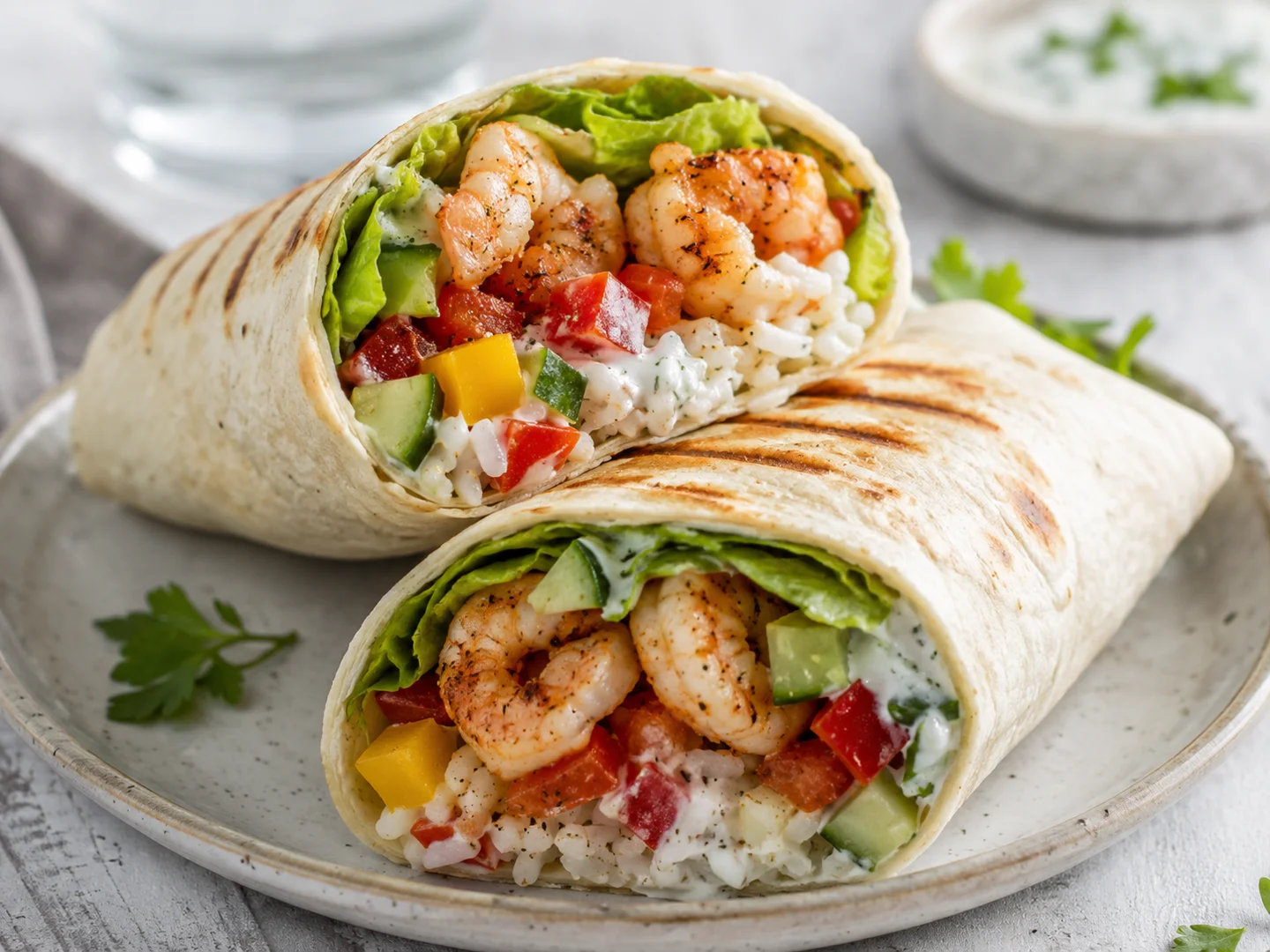 Shrimp, rice and vegetable wrap