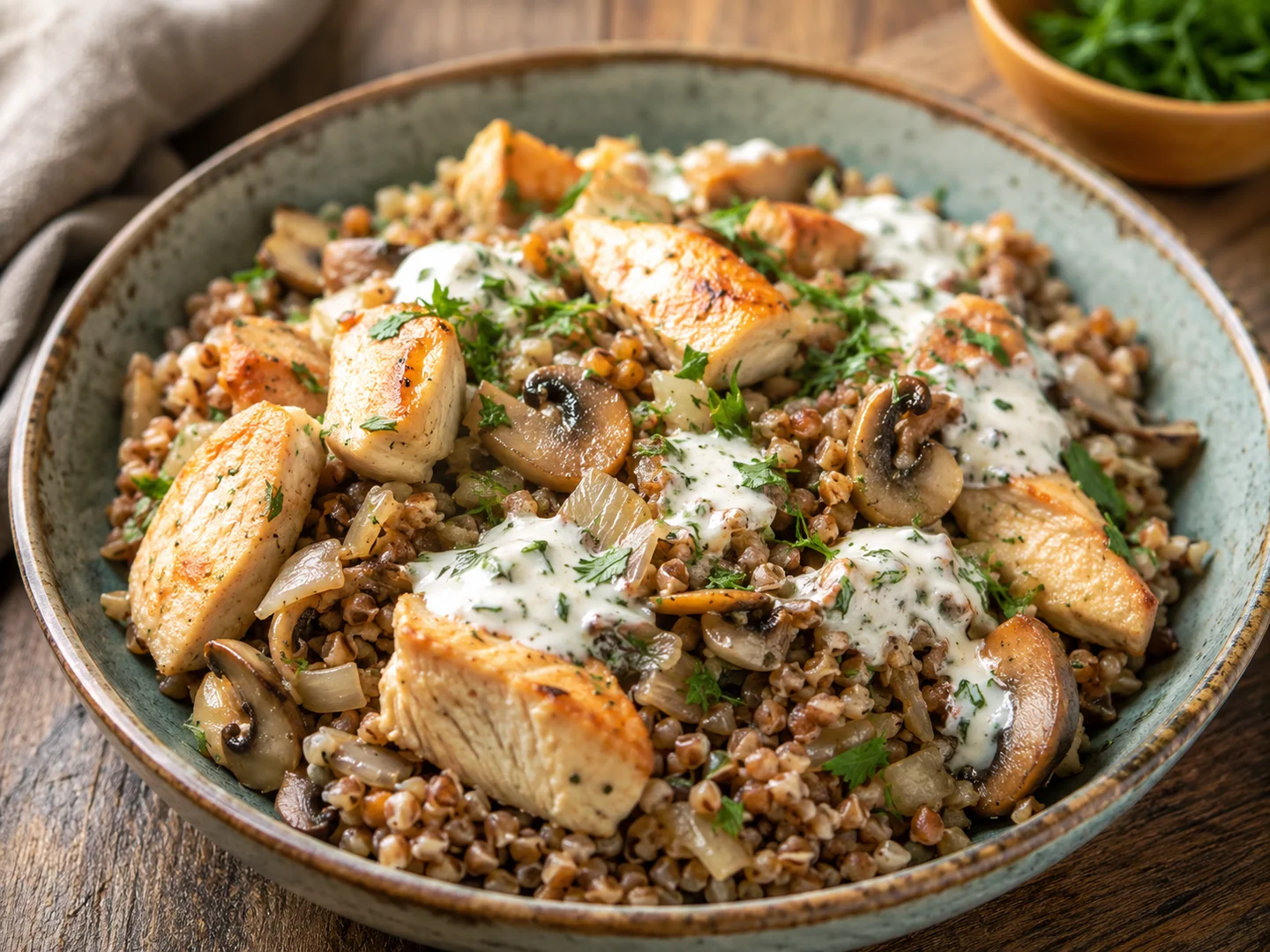Buckwheat with chicken, mushrooms and yogurt sauce
