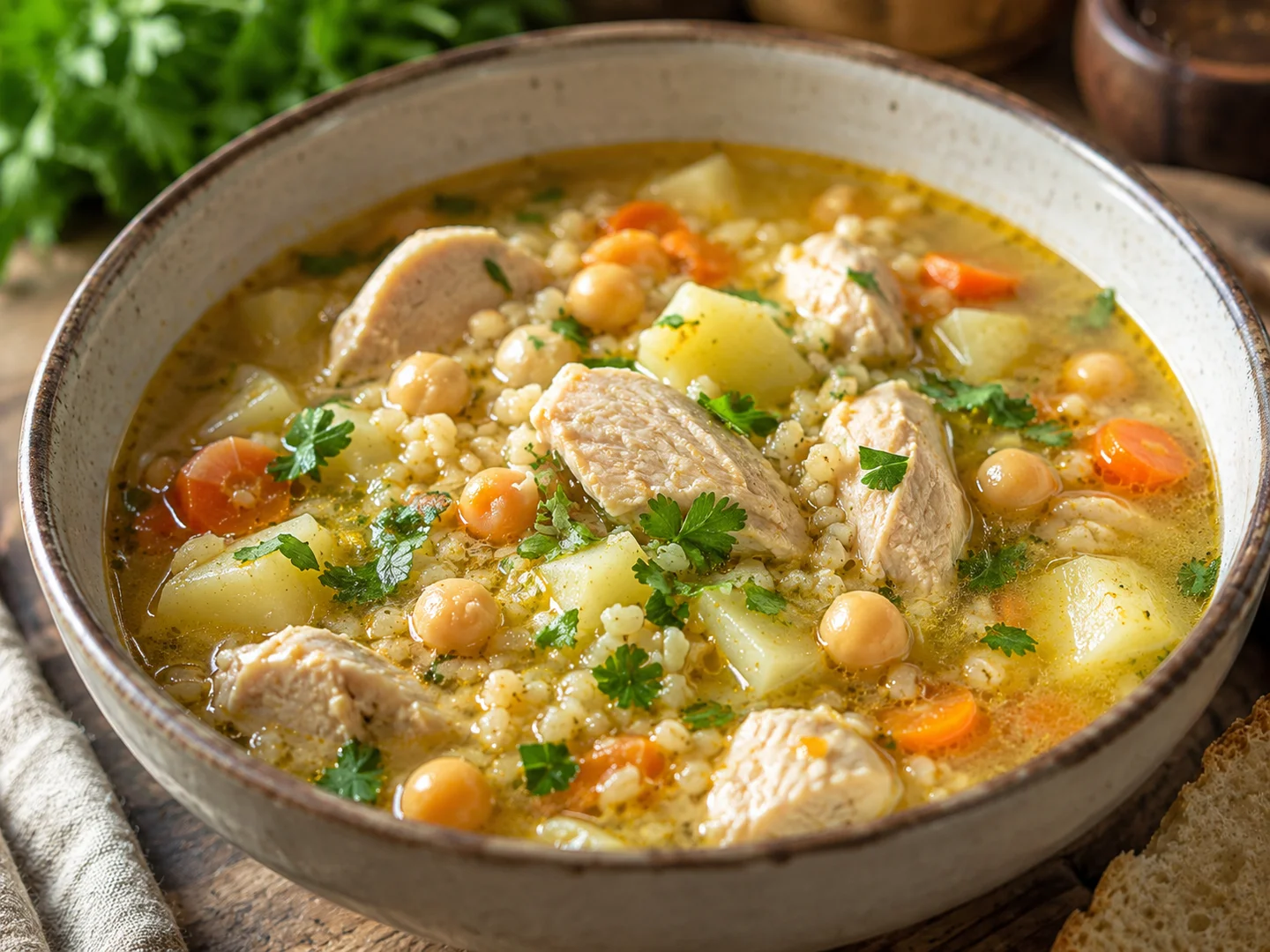 Chicken soup with bulgur and chickpeas