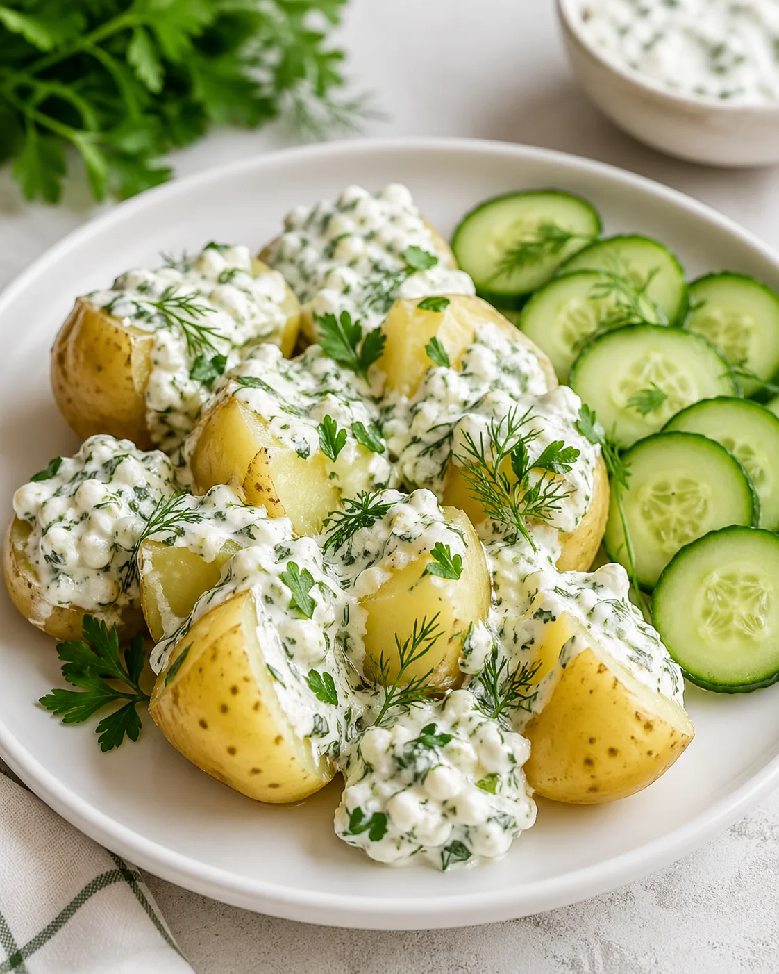 Potatoes with curd cheese and herbs