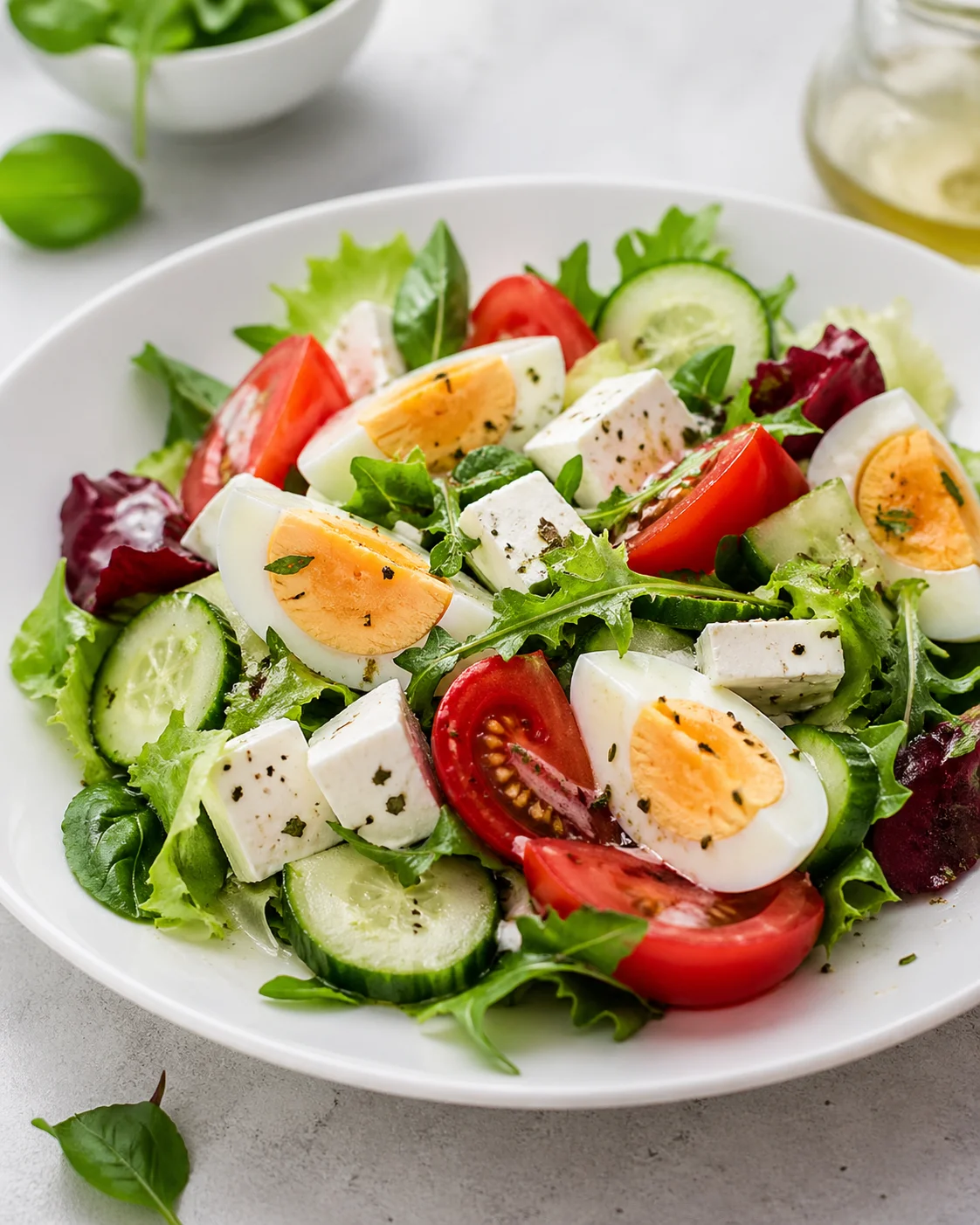 Salad with egg, light cheese and vegetables