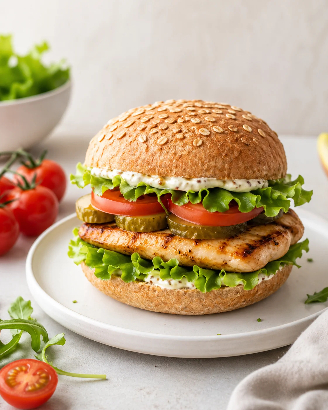 Light burger with chicken without mayonnaise