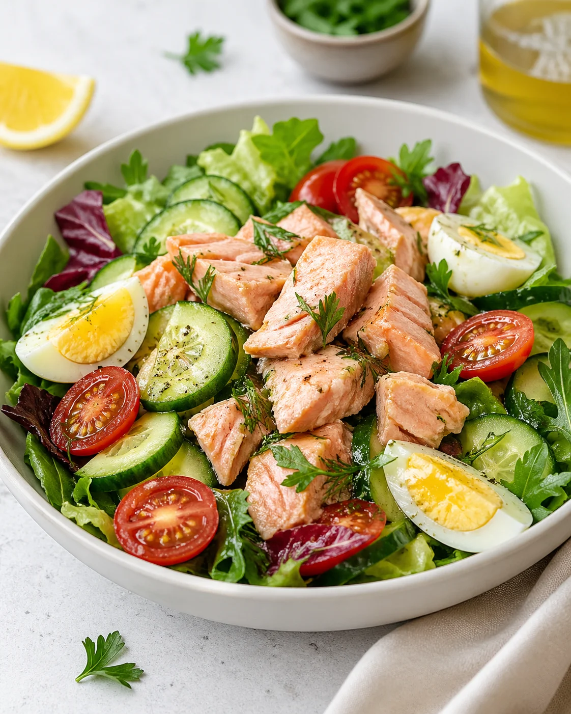 Light salad with canned salmon