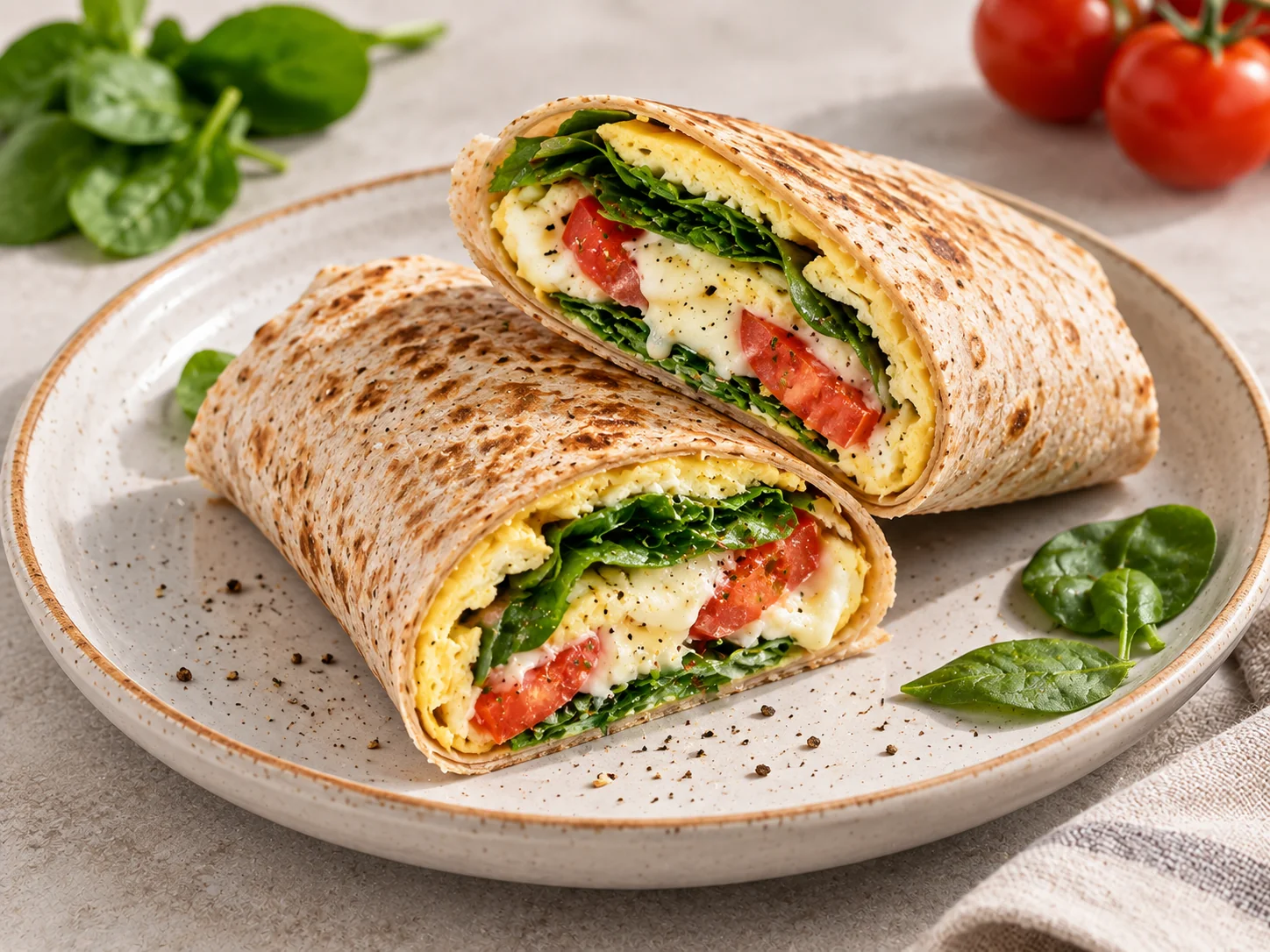 Wheat tortilla with egg, light cheese and vegetables