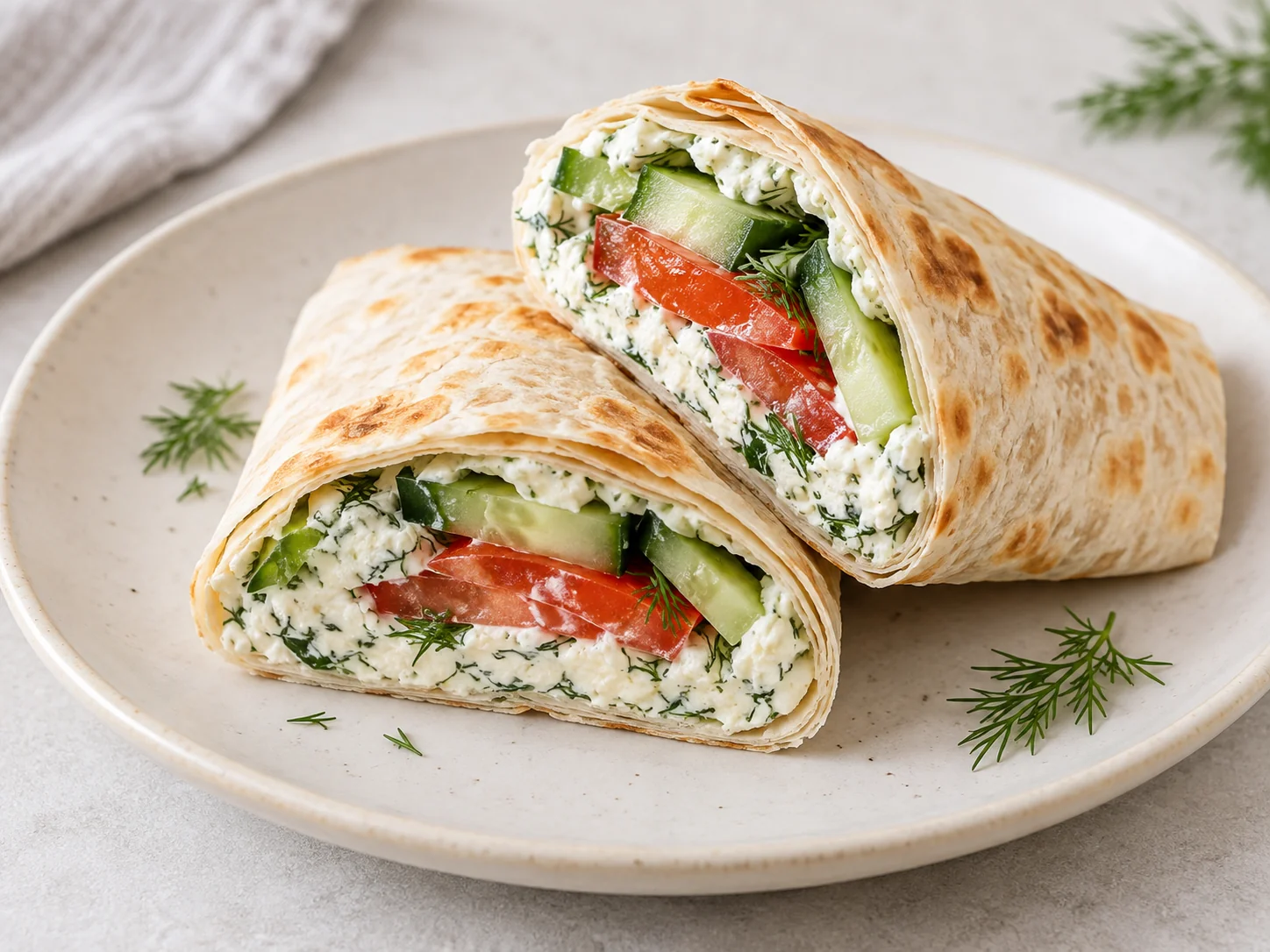 Lavash roll with curd cheese, herbs and vegetables