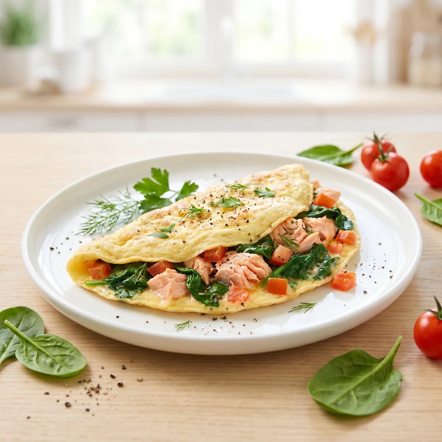 Omelette with canned salmon and spinach