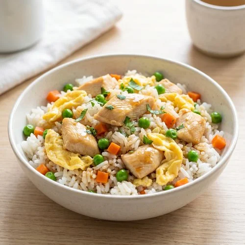 Rice with egg, peas and chicken