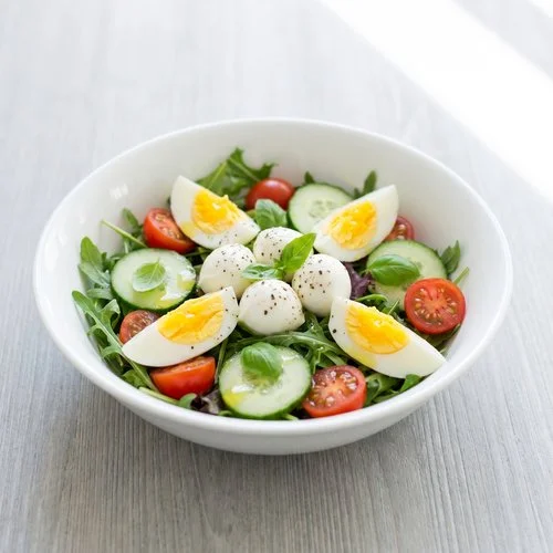 Salad with light mozzarella, egg and tomatoes
