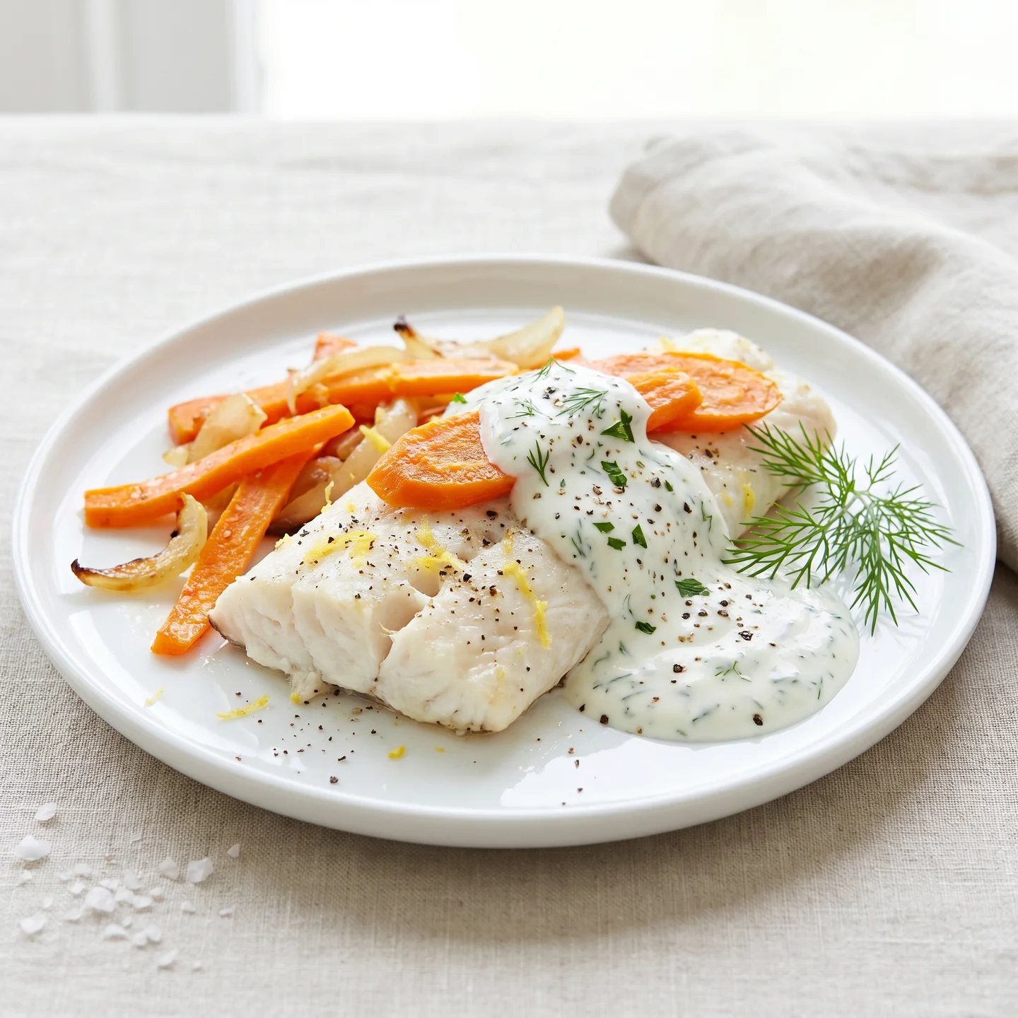 Hake with carrots and yogurt sauce