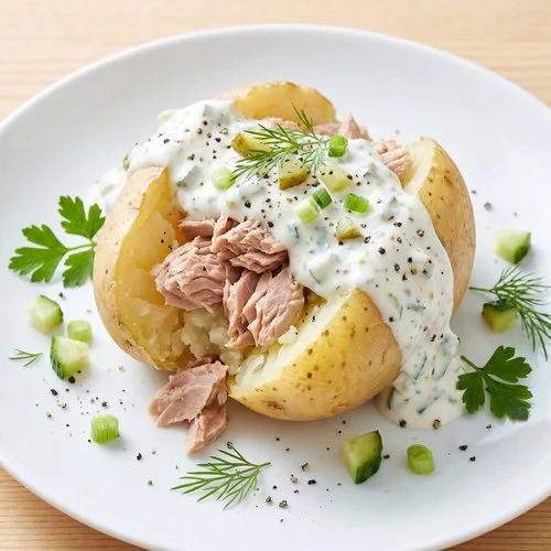 Baked potatoes with tuna and skyr sauce