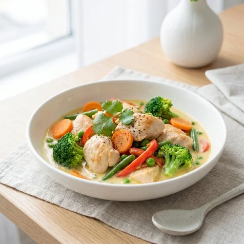 Курячі шматочки з йогуртовим карі та овочами