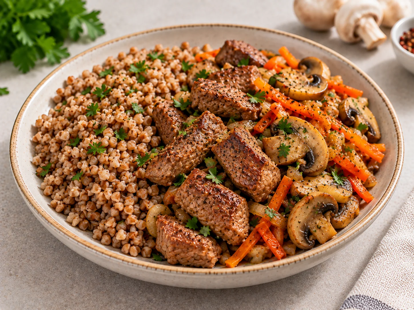 Buckwheat with beef and mushrooms