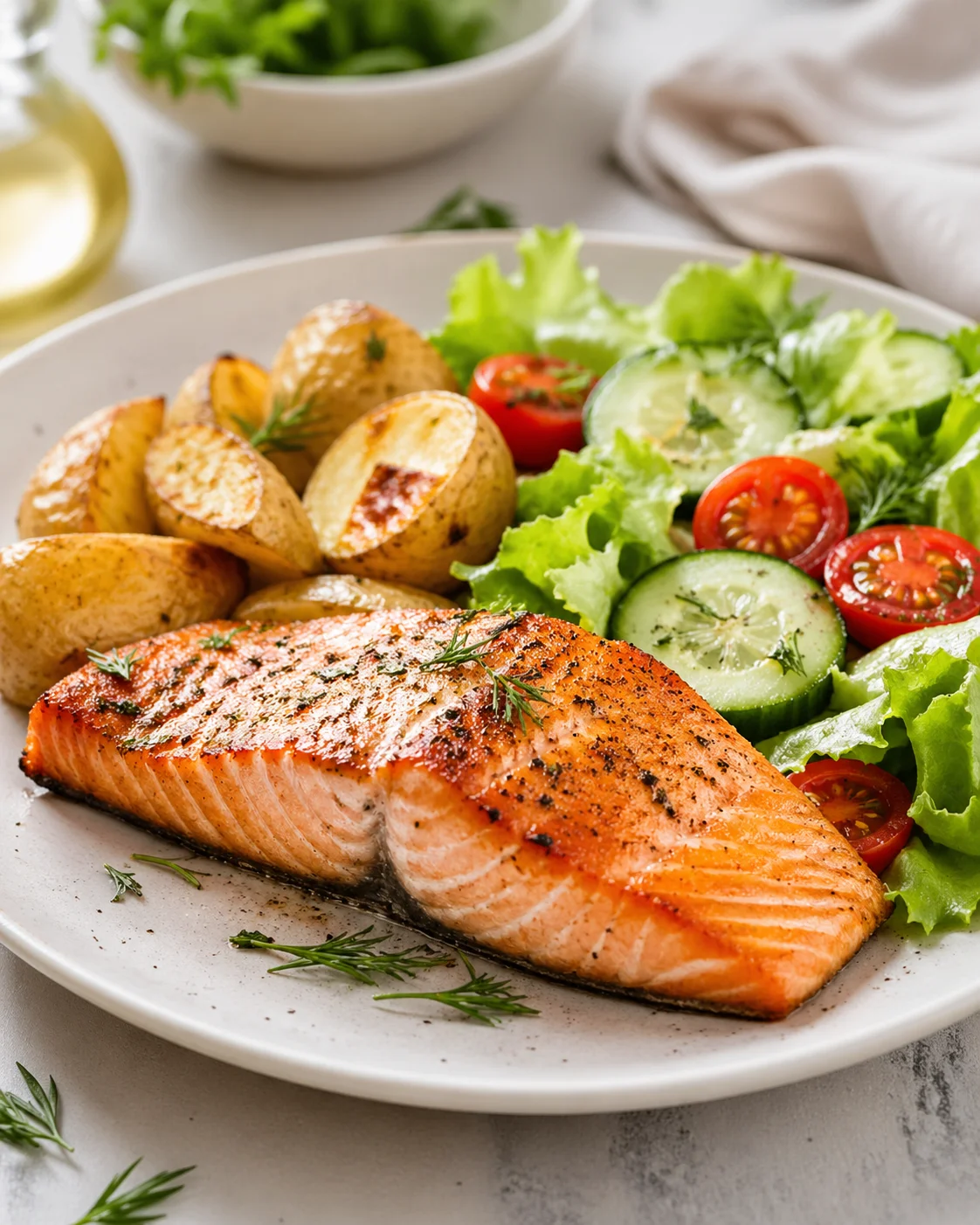 Salmon with potatoes and salad